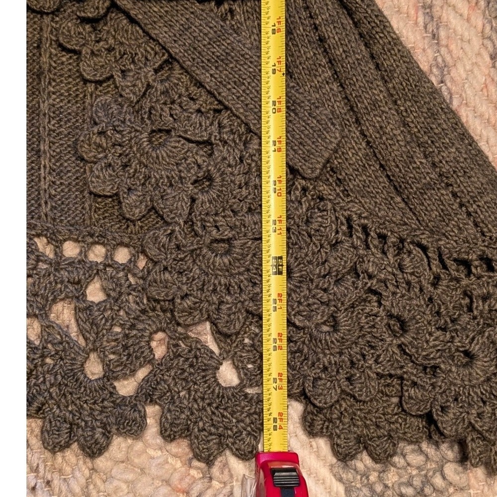 KESSLEY Brown Ribbed Knit Crochet Lace Trim Belted Cardigan Sweater S/M boho - Picture 9 of 9
